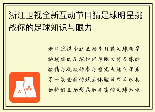 浙江卫视全新互动节目猜足球明星挑战你的足球知识与眼力